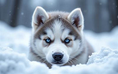 cachorro malamute de alaska, 4k, animales lindos, invierno, bokeh, cachorros, bosque, perros, bozal, malamute de alaska, mascotas, perro en el bosque, perro malamute de alaska