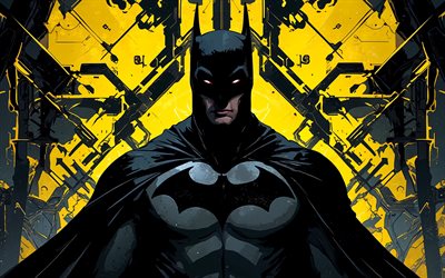 말 당번, 4k, 검은색 노란색 추상 미술, 슈퍼 히어로, dc 코믹스, 배트맨 아트, 창의적인, 그런지 야경, 팬 아트, 배트맨 4k