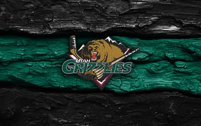Utah Grizzlies wooden logo, 4k, black turquoise wooden background, ECHL, hockey, Utah Grizzlies logo, Utah Grizzlies emblem, american hockey team, Utah Grizzlies