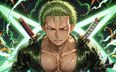 4k, roronoa zoro, espadas, rayos de neón verdes, una pieza, guerrero, cicatrices, obra de arte, personajes de una pieza, manga, cazador de piratas, roronoa zoro una pieza