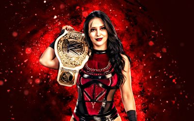 stephanie vaquer, 4k, rote neonlichter, wwe, kreativ, amerikanischer wrestler, ana stephanie vaquer gonzalez, stephanie vaquer mit gürtel, roter abstrakter hintergrund, world wrestling entertainment, ringer, stephanie vaquer 4k
