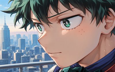4k, izuku midoriya, paisagem urbana, olhos verdes, academia do meu herói, fechar se, deku, obra de arte, boku no hero academia, midoriya izuku, mangá, izuku midoriya my hero academia