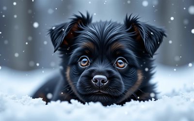 4k, cachorro affenpinscher, de cerca, animales lindos, ojos azules, invierno, bokeh, cachorros, bosque, perros, bozal, affenpinscher, mascotas, perro en el bosque, perro affenpinscher
