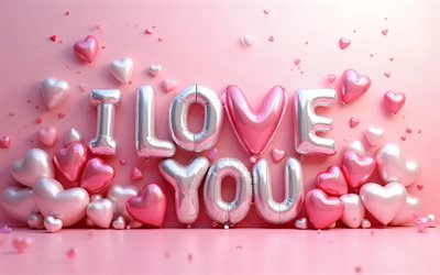 eu te amo, 4k, criativo, letras de balões de prata, fundo rosa, saudações do dia dos namorados, 14 de fevereiro, conceitos de amor, corações 3d, eu te amo inscrição
