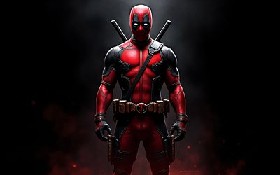 deadpool en la oscuridad, superhéroe deadpool, deadpool con espadas, katanas, personaje de deadpool, pared negra, fumar, superhéroes, dead pool
