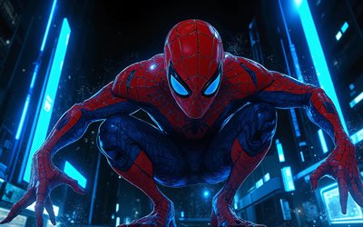 स्पाइडर मैन, 4k, नीला नाइटस्केप, सुपरहीरो, चमत्कारिक चित्रकथा, 3डी कला, स्पाइडर मैन कला, कलाकृति, स्पाइडर मैन 4k