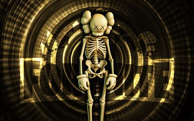 KAWS Skeleton Fortnite, 4k, brown spiral background, Fortnite, creative, KAWS Skeleton Skin, Fortnite KAWS Skeleton Skin, KAWS Skeleton, Fortnite characters