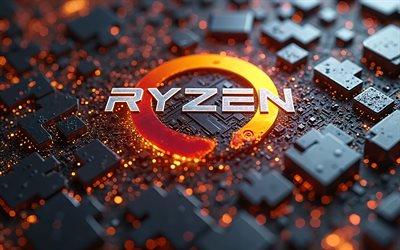 4k, ryzen metalllogo, bokeh, high tech hintergrund aus metall, mikroschaltungen, dirigenten, os marken, amd ryzen, kreativ, ryzen logo auf mikroschaltung, marken, ryzen 3d logo, kunstwerk, ryzen logo, ryzen