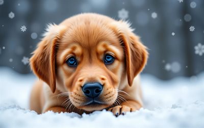 4k, cachorro de golden retriever, de cerca, animales lindos, invierno, bokeh, cachorros, labrador, bosque, perros, bozal, perro perdiguero de oro, mascotas, perro en el bosque