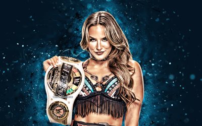 Fallon Henley, 4k, blue neon lights, WWE, creative, american wrestler, Theresa Schuessler, Fallon Henley with belt, NXT, blue abstract background, World Wrestling Entertainment, wrestlers, Fallon Henley 4K