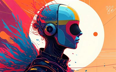 cabeza de robot abstracta, 4k, creativo, obra de arte, cabeza alienígena, fondo abstracto colorido, cabeza 3d, robots, arte de la cabeza