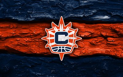 Connecticut Sun wooden logo, 4k, blue orange wooden background, WNBA, basketball, Connecticut Sun logo, Connecticut Sun emblem, american basketball team, Connecticut Sun