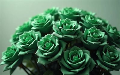 boutons de roses vertes, énorme bouquet de roses vertes, fond avec des roses, roses vertes, bouquet de roses vertes, bouquet romantique, roses
