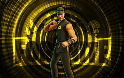 kumite choque fortnite, 4k, fondo espiral amarillo, fortnite, creativo, diseño de choque de kumite, diseño de choque de kumite fortnite, choque de kumite, personajes fortnite