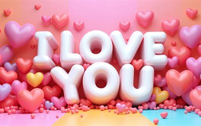 4k, eu te amo, obra de arte, corações 3d brancos, fundo rosa, saudações do dia dos namorados, criativo, minimalismo, 14 de fevereiro, conceitos de amor, corações 3d, eu te amo inscrição
