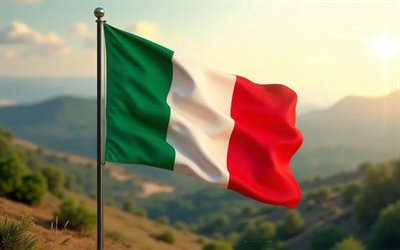 bandera italiana, noche, atardecer, bandera de italia, bandera italiana en un asta de bandera, bandera italiana 3d, hermoso paisaje, italia