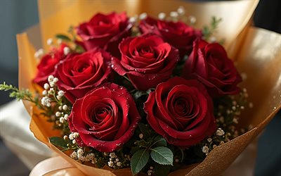 strauß roter rosen, 4k, burgunderrote rosenknospen, romantischer blumenstrauß, rote rosen, burgunderrote rosen, liebe, rosen