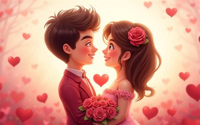 joyeuse saint valentin, 14 février, doux couple amoureux, notions d'amour, carte de voeux saint valentin, couple amoureux, homme et femme