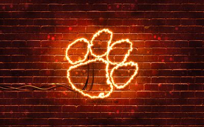 Clemson Tigers neon logo, 4k, orange brickwall, NCAA, american football, Clemson Tigers logo, wires, Clemson Tigers emblem, Atlantic Coast Conference, ACC, Clemson Tigers