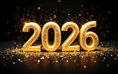 mutlu yıllar 2026, 3d altın 2026 numaraları, 2026 konseptleri, siyah arka plan, altın parıltı, 2026 yeni yıl