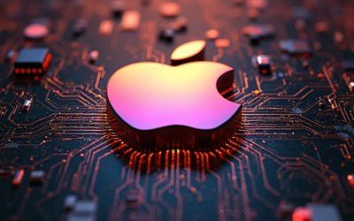logotipo de apple en 3d, 4k, fondo de tecnología púrpura, logotipo de manzana, emblema de manzana, signo de manzana, logotipo creativo de apple, placa madre, manzana