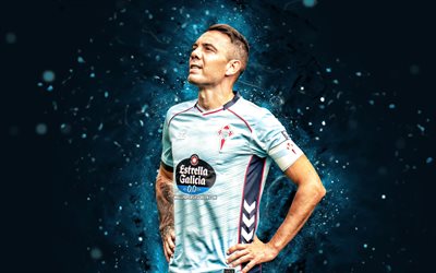 jago aspas, 4k, blaue neonlichter, celta vigo, la liga, spanische fußballer, jago aspas 4k, fußball, laliga, celta vigo fc, jago aspas celta vigo