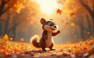 4k, cartoon xerus, autumn, leaf fall, animated 3D animals, bokeh, happy animals, 3D xerus, 3D animals, xerus, cartoon animals, xeruses