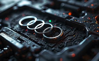 4k, logo en métal audi, obscurité, bokeh, arrière plans mécaniques noirs, marques de voitures, logo audi 3d, créatif, logo audi, audi