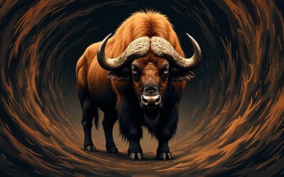 buffle peint, 4k, fond abstrait marron noir, animaux dessinés, oeuvre d'art, art du buffle, animaux abstraits, buffle, animaux de dessin animé, buffles
