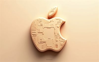 bej 3d apple logosu, 4k, bej arka plan, elma amblemi, elma logosu, elma işareti, 3 boyutlu sanat, elma