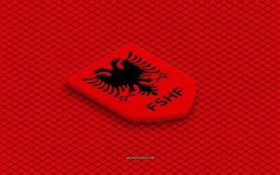 4k, albaniens fotbollslandslags isometriska logotyp, 3d konst, isometrisk konst, albaniens fotbollslandslag, röd bakgrund, albanien, fotboll, isometriskt emblem