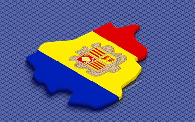 Andorra 3D map, 4K, blue squares background, Europe, isometric maps, Flag of Andorra, Andorran flag, Andorra map silhouette, Andorran map with flag, map of Andorra, 3D maps, Andorran map, Andorra