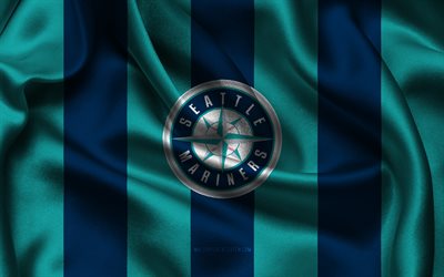 4k, Seattle Mariners logo, turquoise blue silk fabric, American baseball team, Seattle Mariners emblem, MLB, Seattle Mariners, USA, baseball, Seattle Mariners flag, Major League Baseball