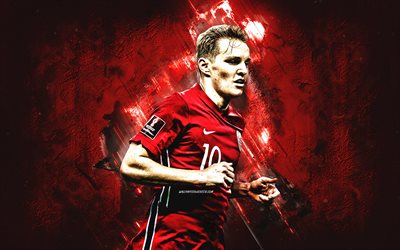 martin odegaard, équipe de norvège de football, portrait, footballeur norvégien, milieu de terrain, fond de pierre rouge, norvège, football