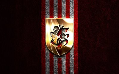 logotipo dorado del equipo nacional de fútbol de georgia, 4k, fondo de piedra roja, uefa, selecciones nacionales, logotipo del equipo nacional de fútbol de georgia, fútbol, equipo de fútbol de georgia, selección de fútbol de georgia