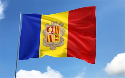 Andorran flag on flagpole, 4K, European countries, blue sky, flag of Andorra, wavy satin flags, Andorran flag, Andorran national symbols, flagpole with flags, Day of Andorra, Europe, Andorra