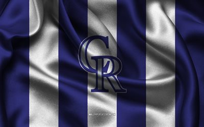 4k, Colorado Rockies logo, purple blue silk fabric, American baseball team, Colorado Rockies emblem, MLB, Colorado Rockies, USA, baseball, Colorado Rockies flag