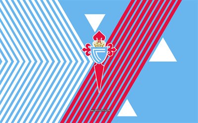 شعار rc celta de vigo, 4k, فريق كرة القدم الاسباني, خطوط بيضاء زرقاء الخلفية, rc سيلتا دي فيجو, الدوري الاسباني, إسبانيا, فن الخط, rc شعار سيلتا دي فيجو, كرة القدم, سيلتا فيجو, آر سي سيلتا