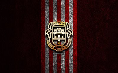 logotipo dorado del equipo nacional de fútbol de gibraltar, 4k, fondo de piedra roja, uefa, selecciones nacionales, logotipo de la selección de fútbol de gibraltar, fútbol, selección de fútbol gibraltareña, selección de fútbol de gibraltar