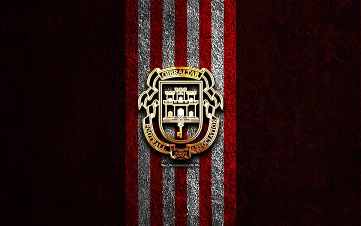 goldenes logo der gibraltar fußballnationalmannschaft, 4k, roter steinhintergrund, uefa, nationalmannschaften, logo der fußballnationalmannschaft von gibraltar, fußball, fußballmannschaft von gibraltar, fußballnationalmannschaft von gibraltar