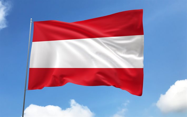 drapeau autrichien sur mât, 4k, pays européens, ciel bleu, drapeau de l'autriche, drapeaux de satin ondulés, drapeau autrichien, symboles nationaux autrichiens, mât avec des drapeaux, jour de l'autriche, l'europe , l'autriche