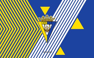 カディスcfのロゴ, 4k, スペインのサッカー チーム, 青黄色の線の背景, カディスcf, ラ・リーガ, スペイン, 線画, カディスcfのエンブレム, フットボール, カディスfc