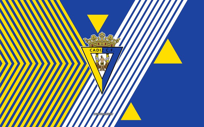 logotipo del cádiz cf, 4k, selección española de fútbol, fondo de líneas amarillas azules, cádiz cf, la liga, españa, arte lineal, escudo del cádiz cf, fútbol, cádiz fc