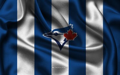 4k, logotipo de los azulejos de toronto, tela de seda azul blanca, equipo de beisbol canadiense, emblema de los azulejos de toronto, mlb, azulejos de toronto, eeuu, béisbol, bandera de los azulejos de toronto, liga mayor de béisbol