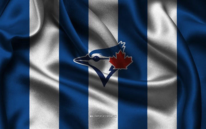 4k, toronto blue jays logo, weiß blauer seidenstoff, kanadisches baseballteam, toronto blue jays emblem, mlb, toronto blue jays, vereinigte staaten von amerika, baseball, toronto blue jays flagge, major league baseball