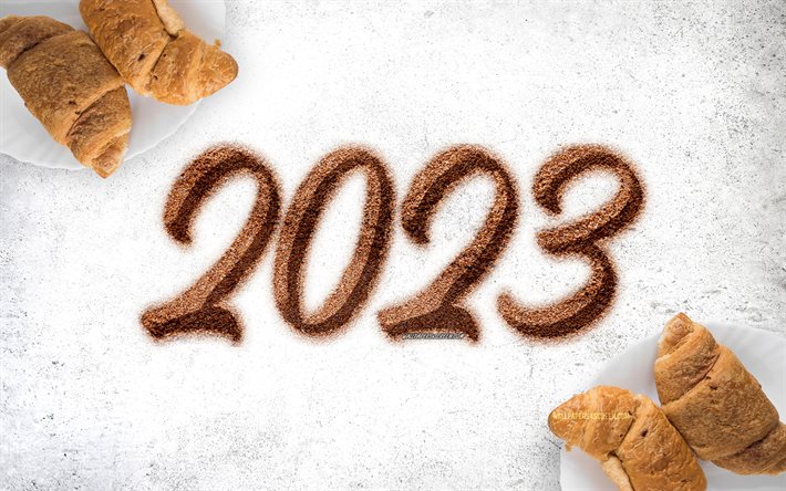 2023 hyvää uutta vuotta, kahvin numerot, croissanteja, 2023 vuosi, 4k, taideteos, 2023 konseptit, 2023 3d numerot, 2023 liikeideat, hyvää uutta vuotta 2023, 2023 valkoinen tausta