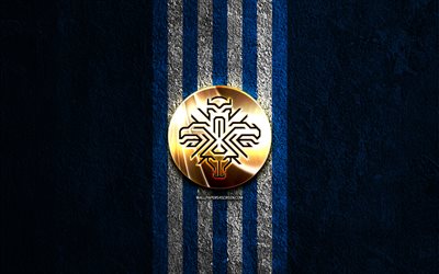 goldenes logo der isländischen fußballnationalmannschaft, 4k, hintergrund aus blauem stein, uefa, nationalmannschaften, logo der isländischen fußballnationalmannschaft, fußball, isländische fußballmannschaft, isländische fußballnationalmannschaft