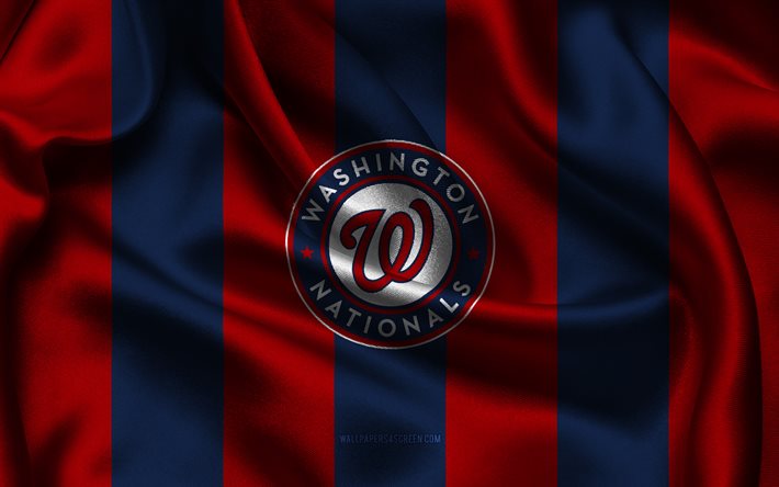4k, شعار washington nationals, نسيج الحرير الأحمر والأزرق, فريق البيسبول الأمريكي, شعار مواطني واشنطن, mlb, مواطني واشنطن, الولايات المتحدة الأمريكية, البيسبول, مواطني واشنطن العلم, بطولة البيسبول الكبرى