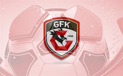 Gaziantep glossy logo, 4K, red football background, Super Lig, soccer, turkish football club, Gaziantep 3D logo, Gaziantep emblem, Gaziantep FC, football, sports logo, Gaziantep FK