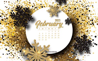 calendario de febrero de 2023, 4k, copos de nieve de oro negro, fondo dorado de invierno, calendario febrero 2023, calendarios de invierno 2023, febrero, 2023 conceptos, arte creativo